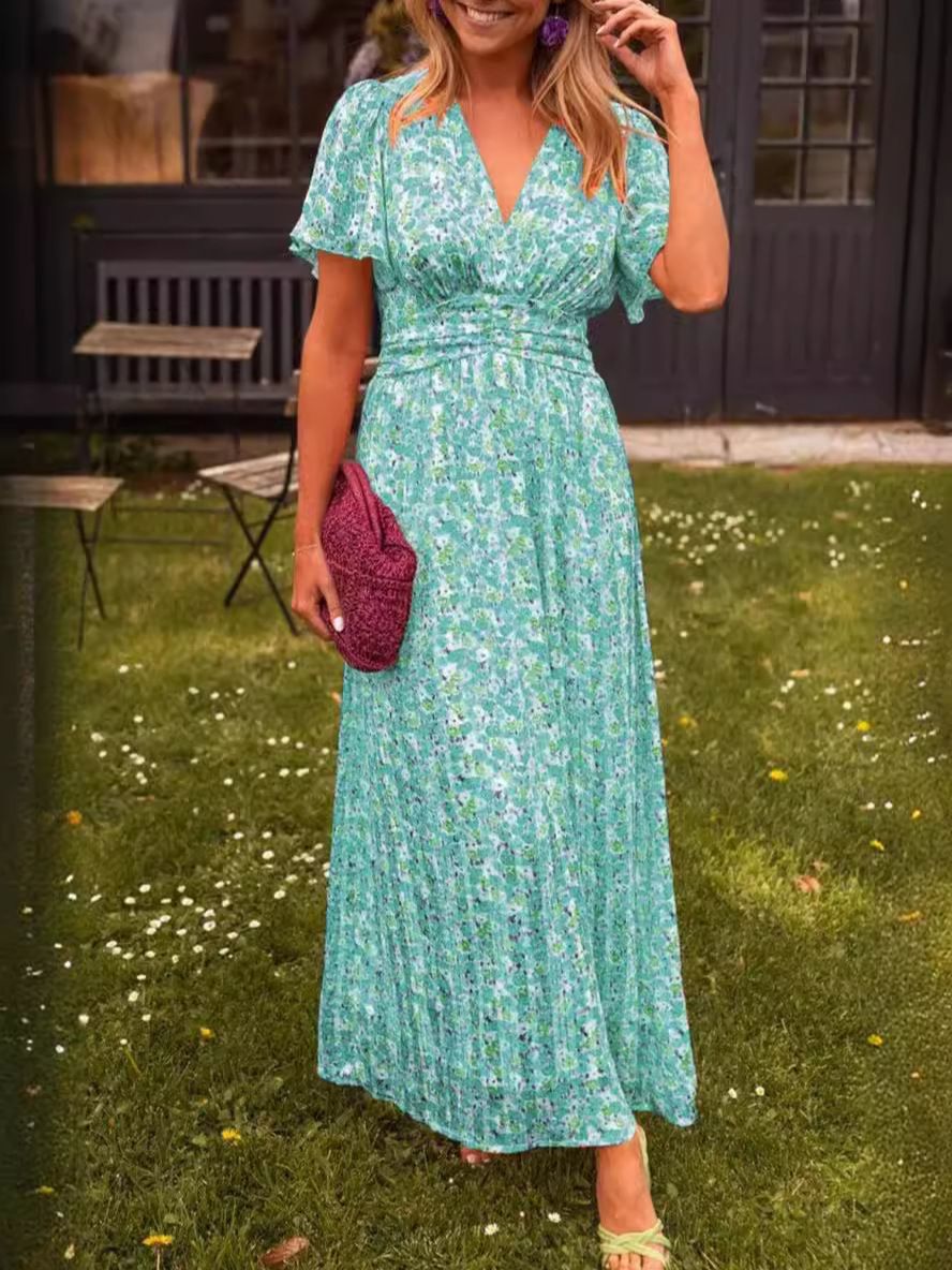 Elegant Floral Print V-Neck Wrap Dress For Women - Soft A-Line Silhouette With Elastic Waist, Short Sleeve, Plus Size Available_ecoleips.com