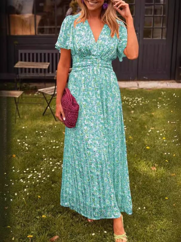 Elegant Floral Print V-Neck Wrap Dress For Women - Soft A-Line Silhouette With Elastic Waist, Short Sleeve, Plus Size Available_ecoleips.com