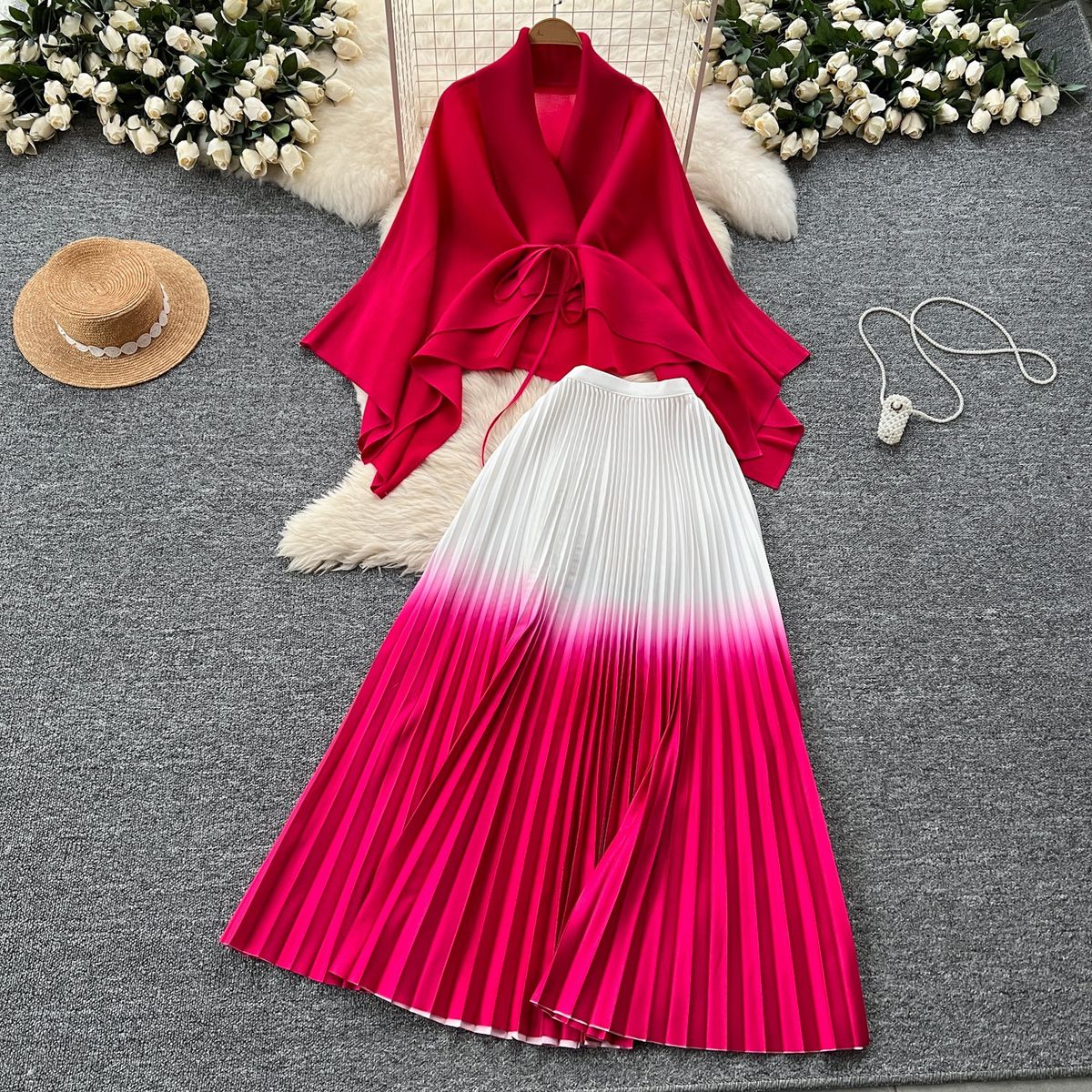 Women's Clothing Fashion Gradient Color Suit Loose Strap Waist Pleated Top High Waist Pleated Skirt_ecoleips.com
