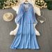 Women's Clothing Summer Thin Blue Floral Long Sleeve Sun Protection Shirt Jacket + Satin Loose Slimming Long Skirt Two Piece Set_ecoleips.com
