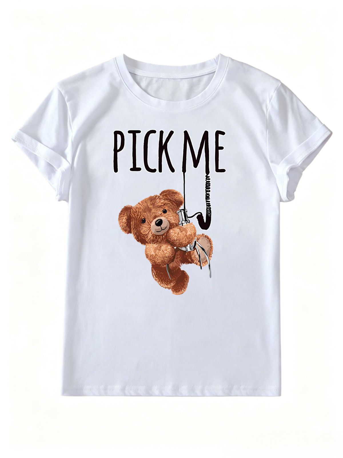 Women Cute Claw Machine Teddy Bear Pick Me Letter Graphic T Shirt Round Neck Short Sleeve Loose Casual Summer Tops_ecoleips.com