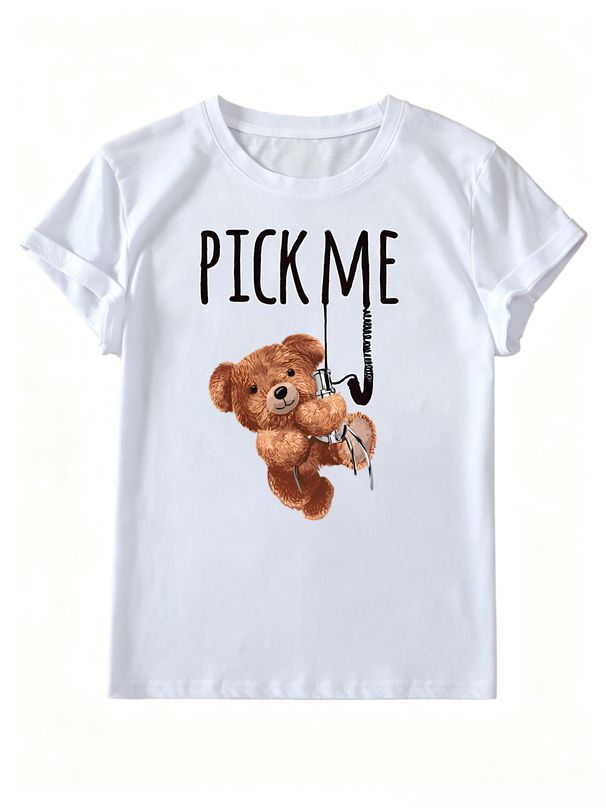 Women Cute Claw Machine Teddy Bear Pick Me Letter Graphic T Shirt Round Neck Short Sleeve Loose Casual Summer Tops_ecoleips.com