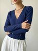 Women Lightweight Breathable Wrap V Neck Knit Top Long Sleeve Gold Button Slim Cropped Knit Blouse_ecoleips.com