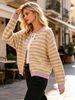 Lilac Yellow Stripe Pit Rib Knit Cardigan, Loose Lightweight Breathable Soft Skin-touch Long Sleeve Round Neck Button Knit Jacket_ecoleips.com