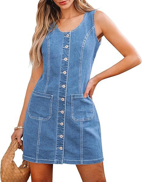Women's Fashionable Casual Sleeveless mid Length Denim Short Dress Solid Color Fitted with Button down Pockets New_ecoleips.com
