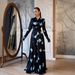 Elegant Floral Print V-Neck A-Line Maxi Dress With High Waist & Long Sleeves – Polyester Blend Comfort For Women_ecoleips.com
