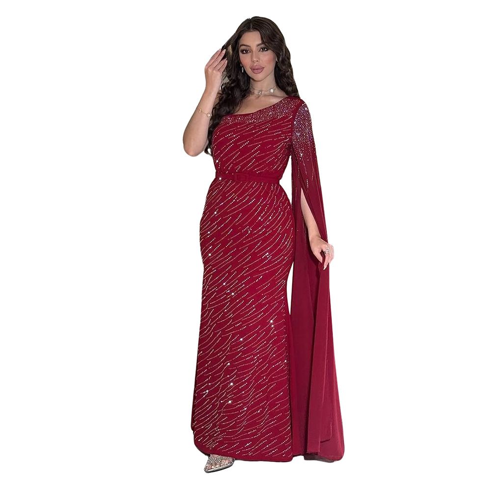 Modest Abaya Dress/Muslim Dress Women Elegant Dress With Chiffon Fabric & Crystal Embellishments - Flowy Maxi Dress (Blue, Green, Red) | S-XXL_ecoleips.com