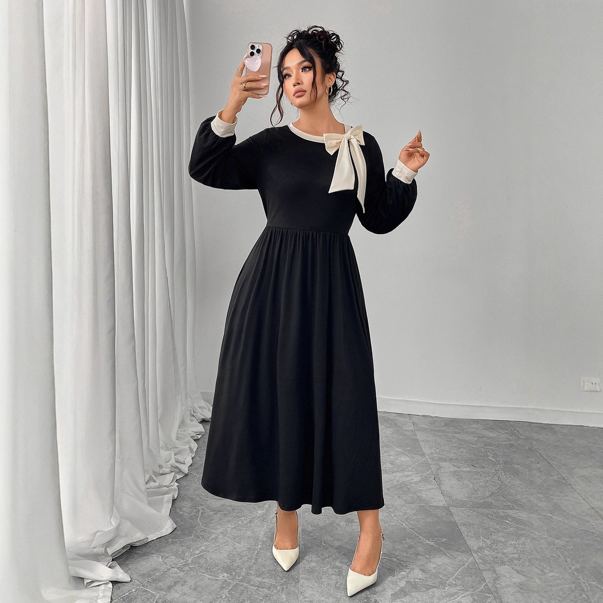 Women's Plus Size Black Dress – Elegant Bow Detail Retro Wrap Dress For Autumn Winter_ecoleips.com