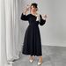 Women's Plus Size Black Dress – Elegant Bow Detail Retro Wrap Dress For Autumn Winter_ecoleips.com