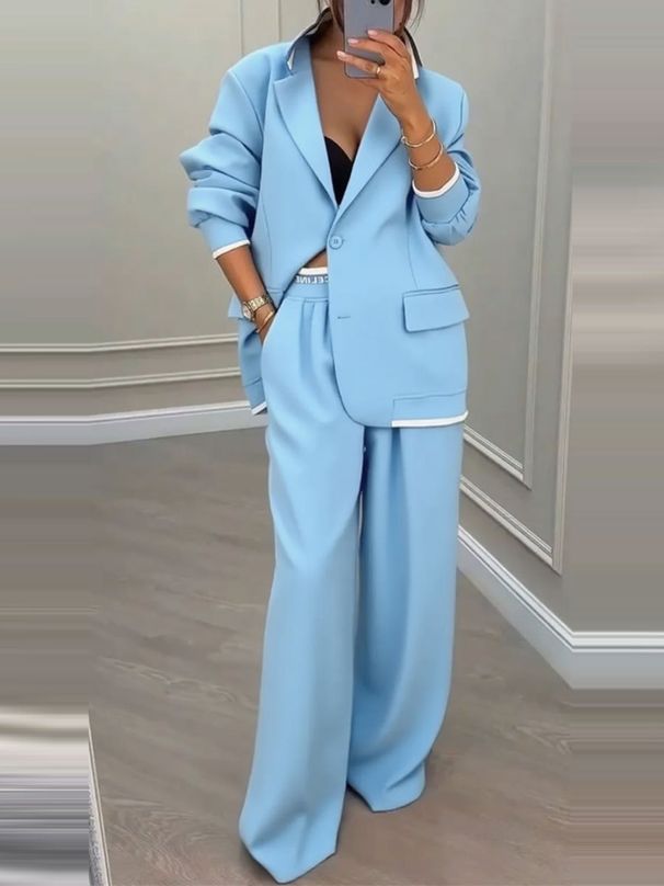 Women's Clothing Women's Autumn Winter Wide Leg Pants Suit Set European American Style Elegant Solid Color Long Sleeved Coat Casual Outfit_ecoleips.com