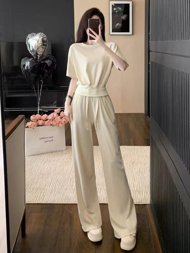 Casual Sports Suit For Women Summer Outfit 2025 New Style Youthful Slimming Fashionable High-Waisted Short Sleeve_ecoleips.com