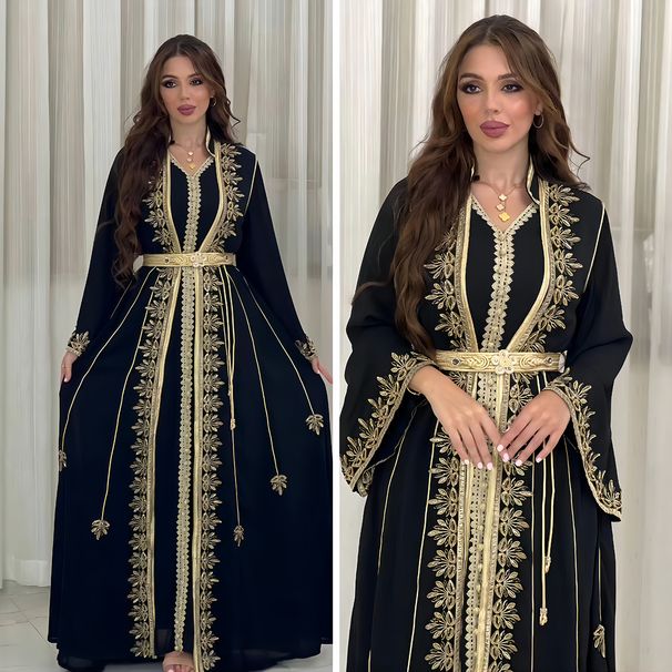 Women's Clothing Muslim Robe Middle East Fashion Long Sleeved Ribbon Embroidery Two Piece Dress_ecoleips.com