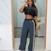 Women's Clothing Denim Stitching Color Stand Up Collar Zipper Top Wide Leg Pants Two Piece Suit For Women_ecoleips.com