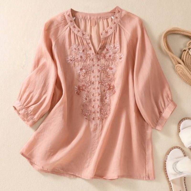 Women's Clothing Retro Cotton And Linen Embroidered Shirt Summer V Neck Slim Simple Solid Color Three Quarter Sleeve Top_ecoleips.com