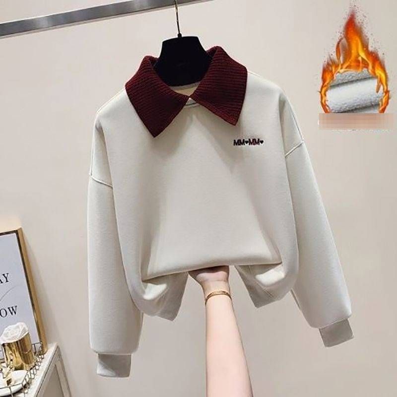 Fleece-Lined Color Block Knit Sweatshirt With Retro Drawstring Jeans Set - Winter Warm Outfit For Women & Men_ecoleips.com