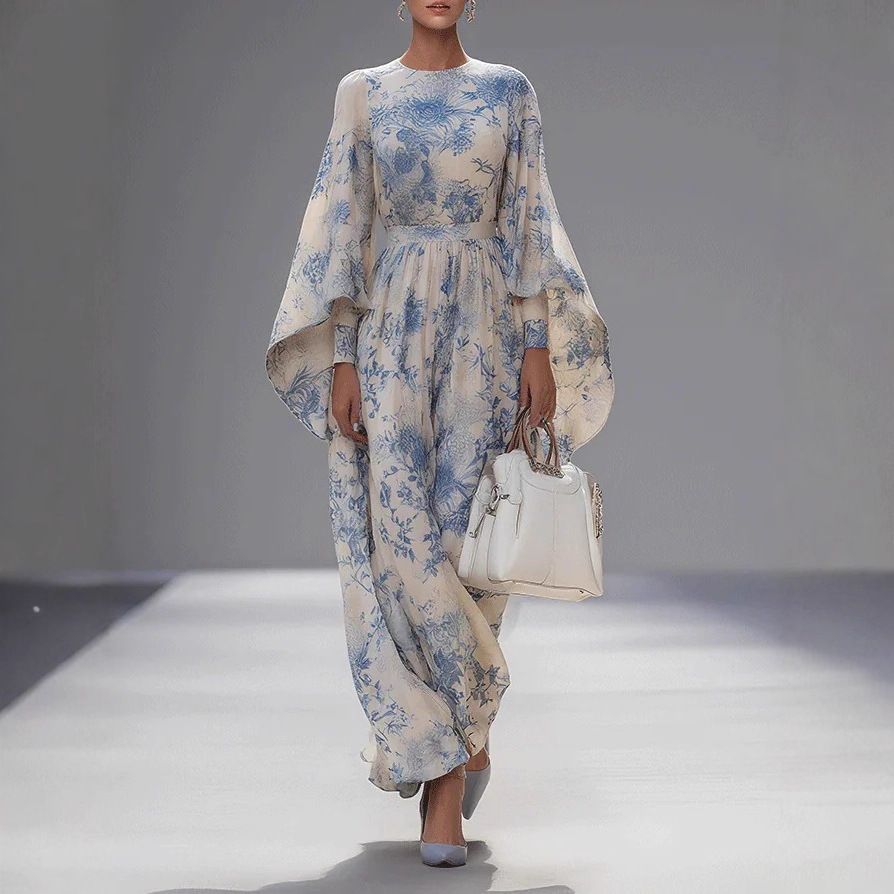 Women's High-Waisted Slim Fit Dress Long Sleeve Digital Print French Style Flared Sleeve Casual Elegant_ecoleips.com