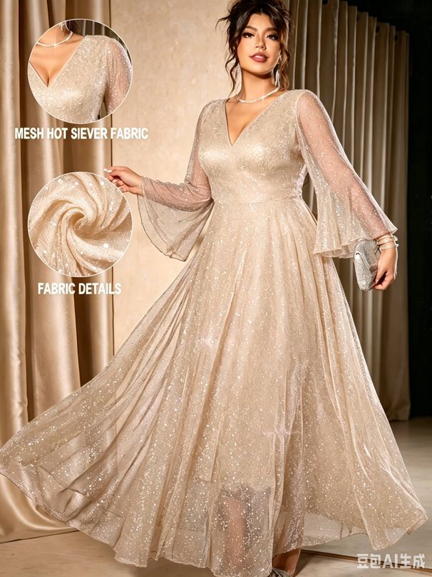 Plus-size Elegant Dress, Deep V-neck, Flared Sleeves, Fitted Waist, And Full Skirt; A Sophisticated And Elegant Long Dress Suitable For Balls And Evening Parties._ecoleips.com