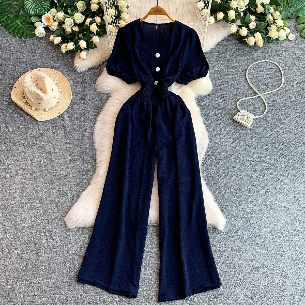Women's Three-Button V-Neck Puff Sleeve Jumpsuit Summer Slimming Elastic Waist Wide Leg Pants Size Democracy_ecoleips.com