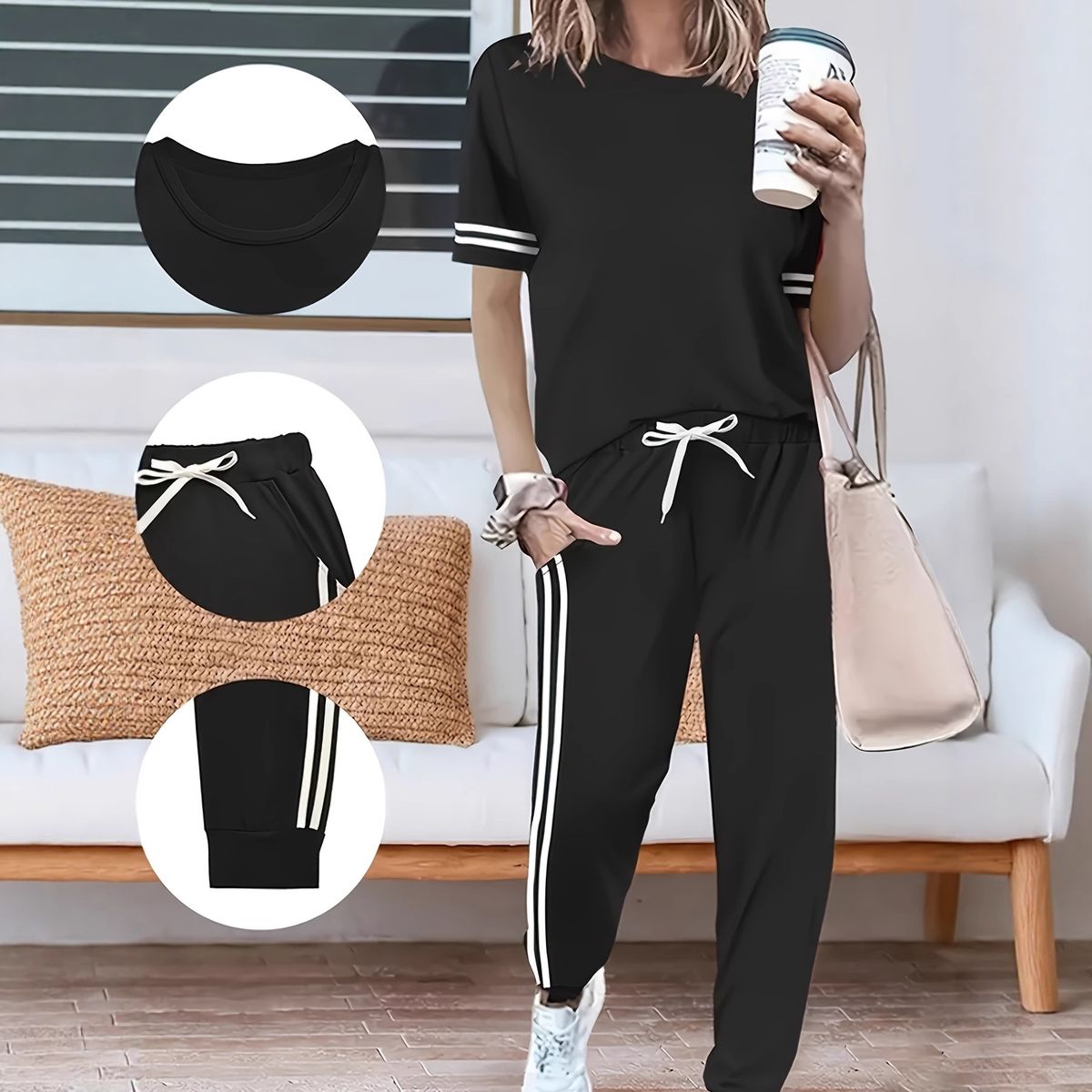 Women's Spring Summer Two Piece Set Round Neck Short Sleeve High Waisted Pants Side Pocket Casual Comfortable Outfit_ecoleips.com