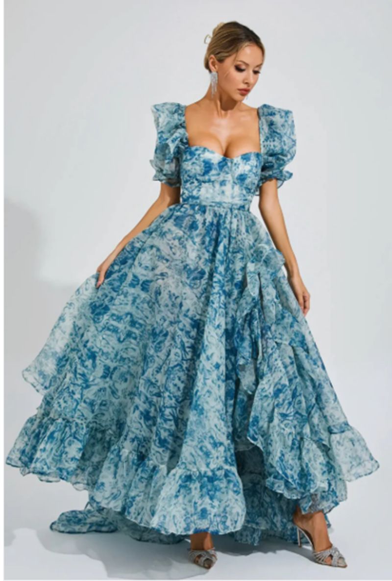 Elegant Porcelain Print Puff Sleeve Floral Dress Strapless High Waist Luxury Evening Gown Party Formal Dinner Cocktail Dress_ecoleips.com
