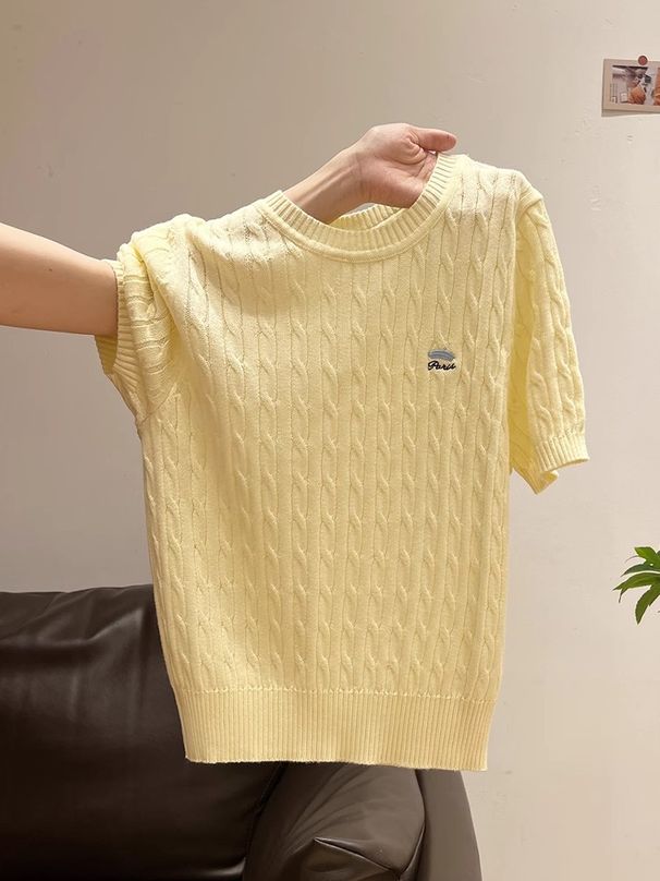 Women's Clothing Inspired Short Sleeve Knit Top – Breathable Viscose, Crochet Embroidery, Slim Fit Cropped Tee For Women (Light Yolk, Almond)_ecoleips.com