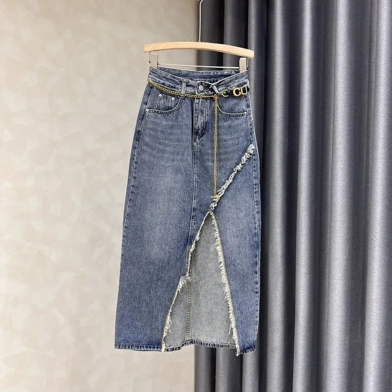 Verve Denim For Women New Style Elegant Slimming A-line Versatile Patchwork Frayed Hem Split High Waist Bodycon Skirt_ecoleips.com