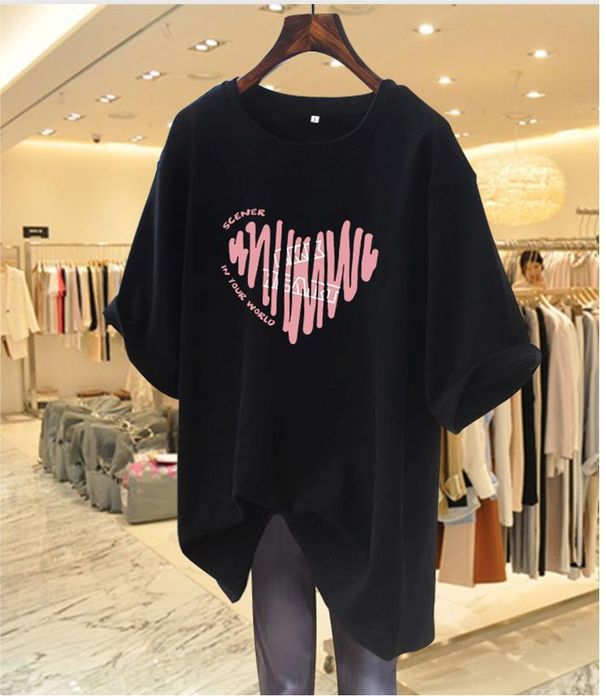 Women's Clothing Plus Size Clothes Pink Cotton T-Shirt Summer Short-Sleeved Heart-Shaped Print Mid-Length Loose Fit Fashionable Casual Wear_ecoleips.com