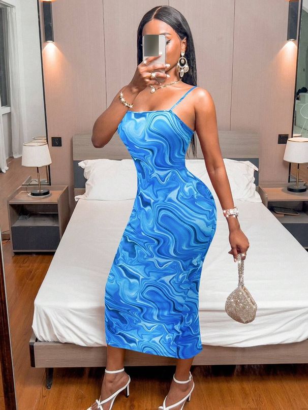 Women's Clothing New Fashion Print Slit Tight Backless Suspender Dress_ecoleips.com