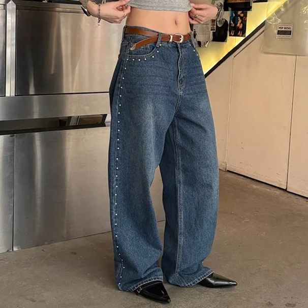 Korean Sweet & Cool High-Waisted Wide-Leg Jeans – Vintage Washed Denim With Side Studs (Dongdaemun Premium, Light Blue Wash)_ecoleips.com