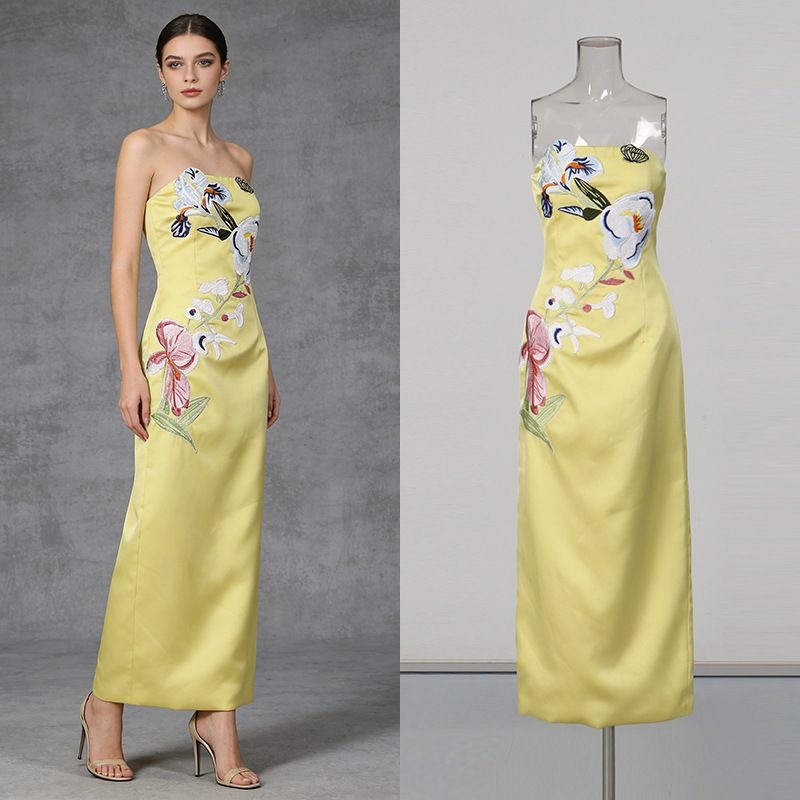 Women's Clothing Retro Bright Yellow Strapless Long Dress Three Dimensional Floral Embroidery Women's Dress Spring_ecoleips.com