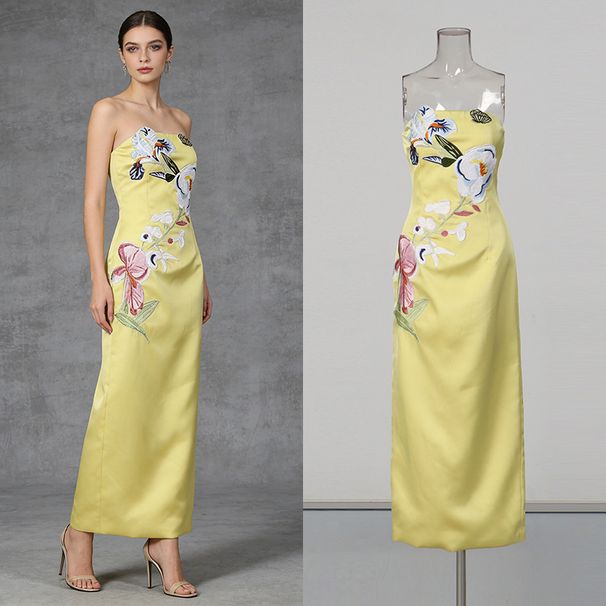 Women's Clothing Retro Bright Yellow Strapless Long Dress Three Dimensional Floral Embroidery Women's Dress Spring_ecoleips.com