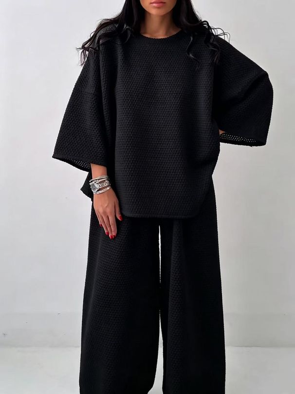 Women's Waffle Knit Set Solid Color Loose Fitting Wide Sleeved Top High Waisted Wide Leg Pants Two Piece Cross Border_ecoleips.com