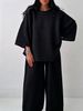 Women's Waffle Knit Set Solid Color Loose Fitting Wide Sleeved Top High Waisted Wide Leg Pants Two Piece Cross Border_ecoleips.com