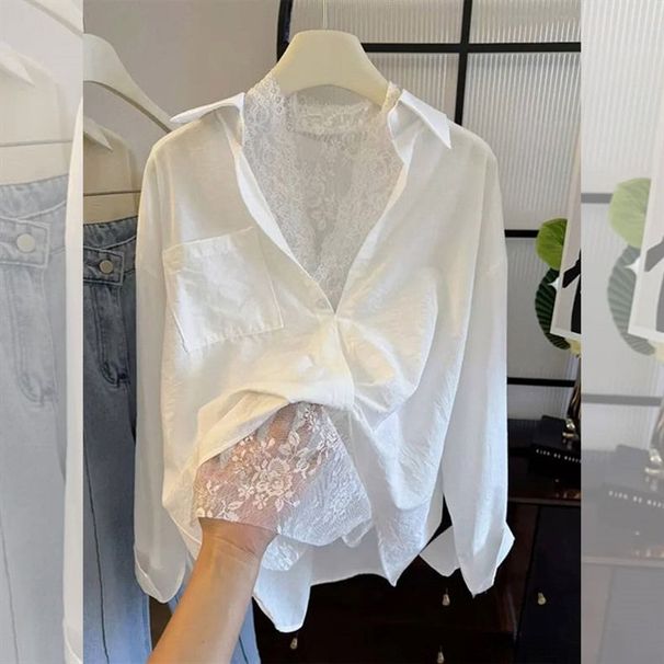 White Lace Trimmed Shirt For Women Sophisticated Versatile Layering Style Unique And Stylish Look_ecoleips.com