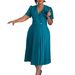 Women's Clothing Summer V-neck Fashion Short Sleeve Solid Color Flower Pleated Dress_ecoleips.com