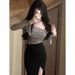 Pure Desire Style Sexy Outfit For Women Spring Summer Black Slit Strap Dress Gray Ruched Short T-Shirt Two-Piece Set_ecoleips.com