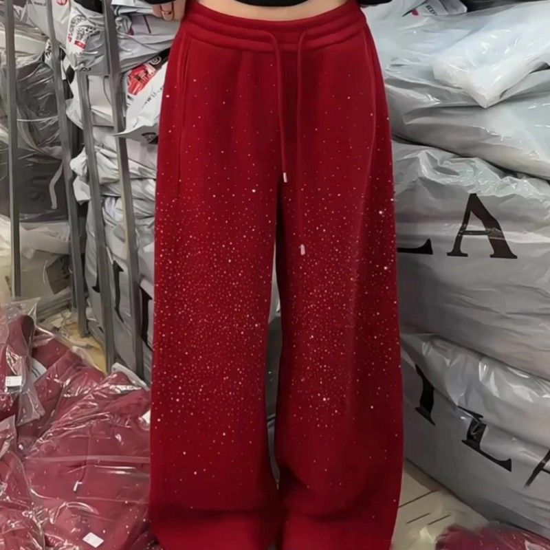 Fashion Women Elegant Spring Diamonds Red Wide Leg Pants Loose Fit High Waist Drawstring Casual Designer Lady Straight Trousers_ecoleips.com