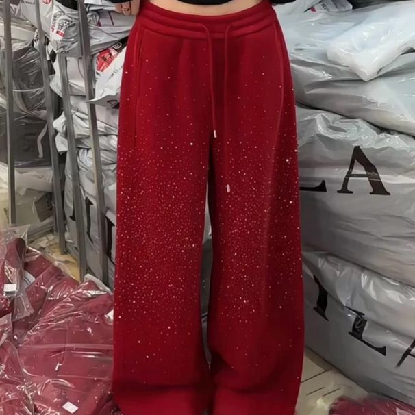 Fashion Women Elegant Spring Diamonds Red Wide Leg Pants Loose Fit High Waist Drawstring Casual Designer Lady Straight Trousers_ecoleips.com
