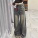 American Retro Washed Jeans For Women Winter Fleece Lined Thickened High Waist Straight Wide Leg Draped Long Pants_ecoleips.com