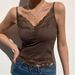 Lace Trim Spliced Ribbed Deep V Camisole, European And American Summer New Women's Clothing, Cropped Sexy Slim-fit Tank_ecoleips.com