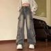 Retro Small Many Pockets Cargo Jeans Women's High Street Design Sense Loose Wide-leg Floor-length Pants Trend_ecoleips.com