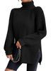 Chunky Knit Sweater Women High Neck Long Sleeve Split Hem Pullover Winter Casual Comfortable Tops_ecoleips.com