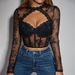 Hot Girl Sexy Floral Lace Hollow Round Neck Long Sleeve Underwire Fishbone See-Through Slim-Fit Top A1299_ecoleips.com