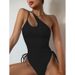 Women's Clothing Sexy Bikini Sling One Shoulder Swimsuit Women's Solid Color High Waist Bikini Swimsuit_ecoleips.com