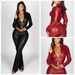 Leather Deep V Neck Cropped Jacket + Straight Leg Pants Two Piece Set, Sexy Tight Fitting Crop Top Outfit, Nightclub Sexy European And American Style._ecoleips.com