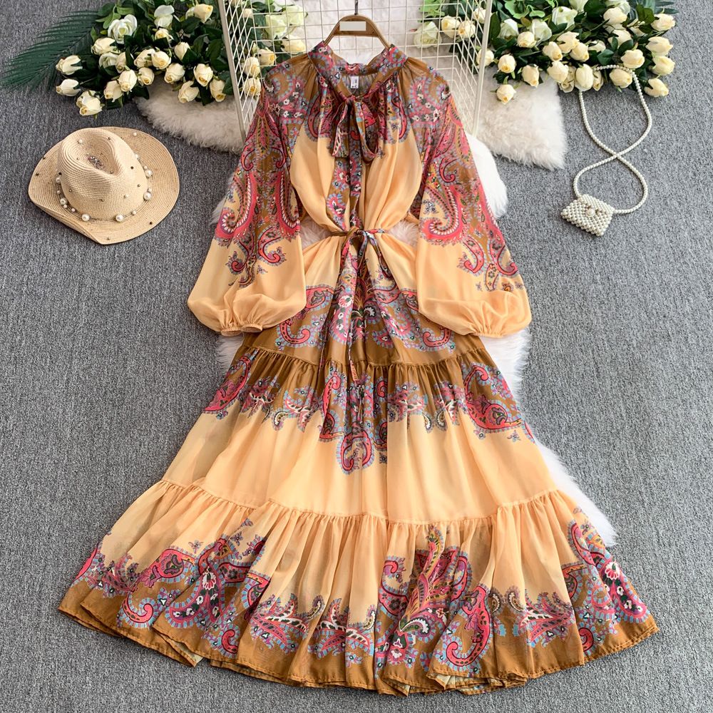 French Retro Print Lace Up Bowknot V Neck Lantern Sleeve Dress For Women High End Waist Ruffled Long Skirt_ecoleips.com