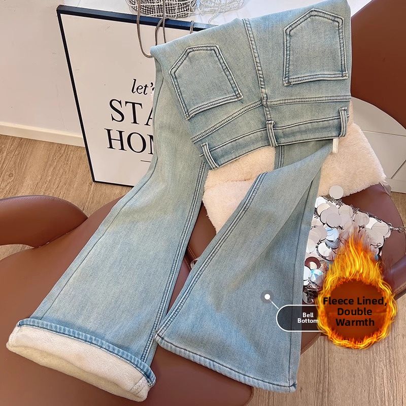 Women's Clothing Retro Slim Fit Jeans Fleece Lined High Waist Autumn Winter Loose Fit Slimming Tight Fitting Horseshoe Pants_ecoleips.com