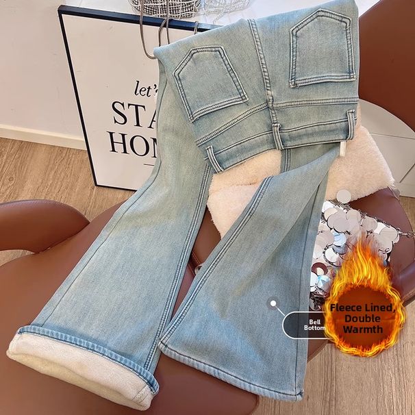 Women's Clothing Retro Slim Fit Jeans Fleece Lined High Waist Autumn Winter Loose Fit Slimming Tight Fitting Horseshoe Pants_ecoleips.com