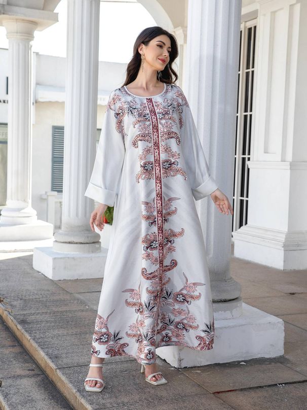 Cross-Border Muslim Women's Long Robe, Elegant Print Beaded Dress, Export Abaya, Stylish And Comfortable, Perfect For Special Occasions_ecoleips.com