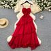 Red Strapless Resort Style Dress for Women High End Feel Pleated Waist French Style Irregular Ruffled Hem_ecoleips.com